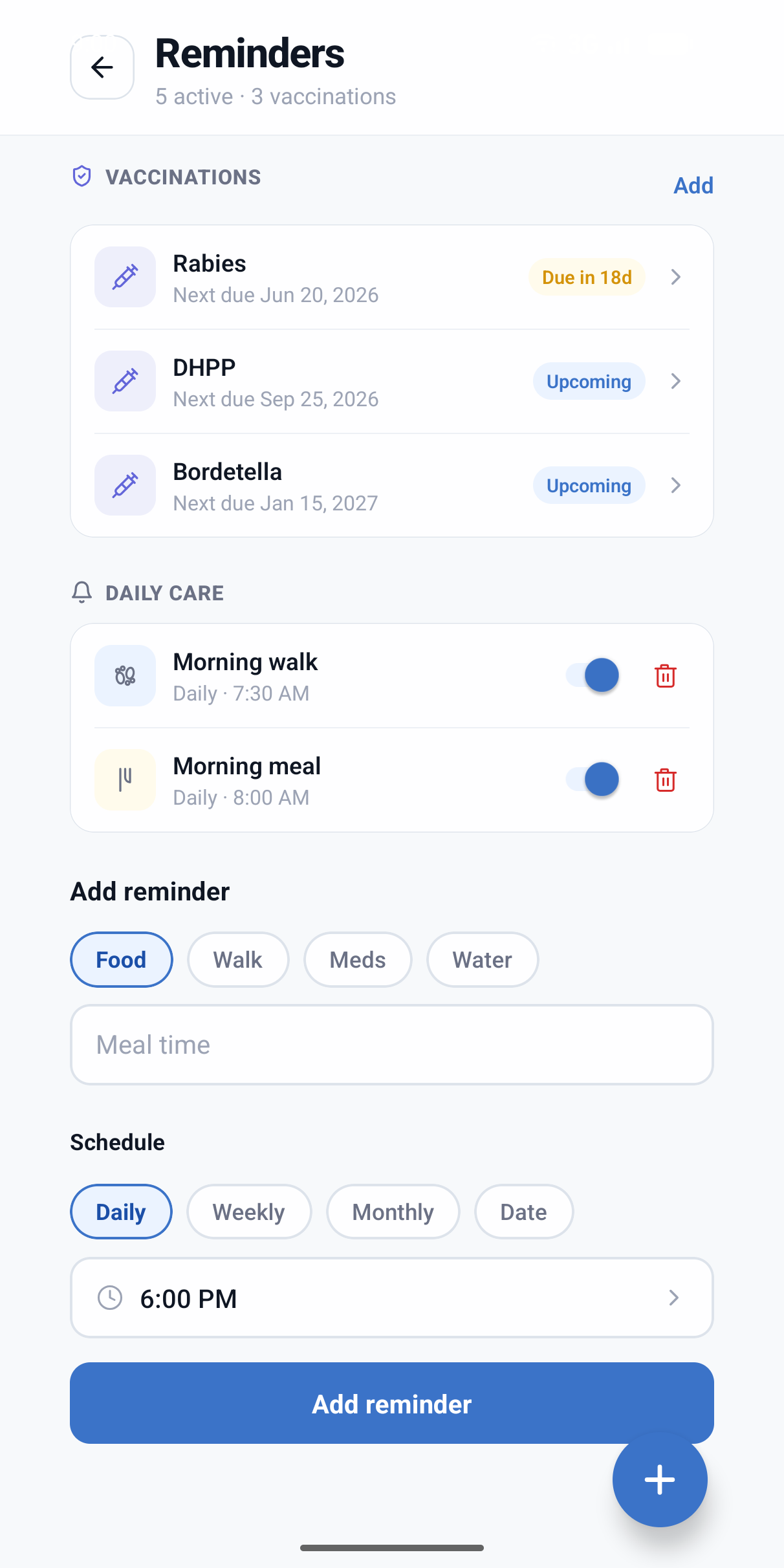 KuttyTail vaccinations and reminders screen